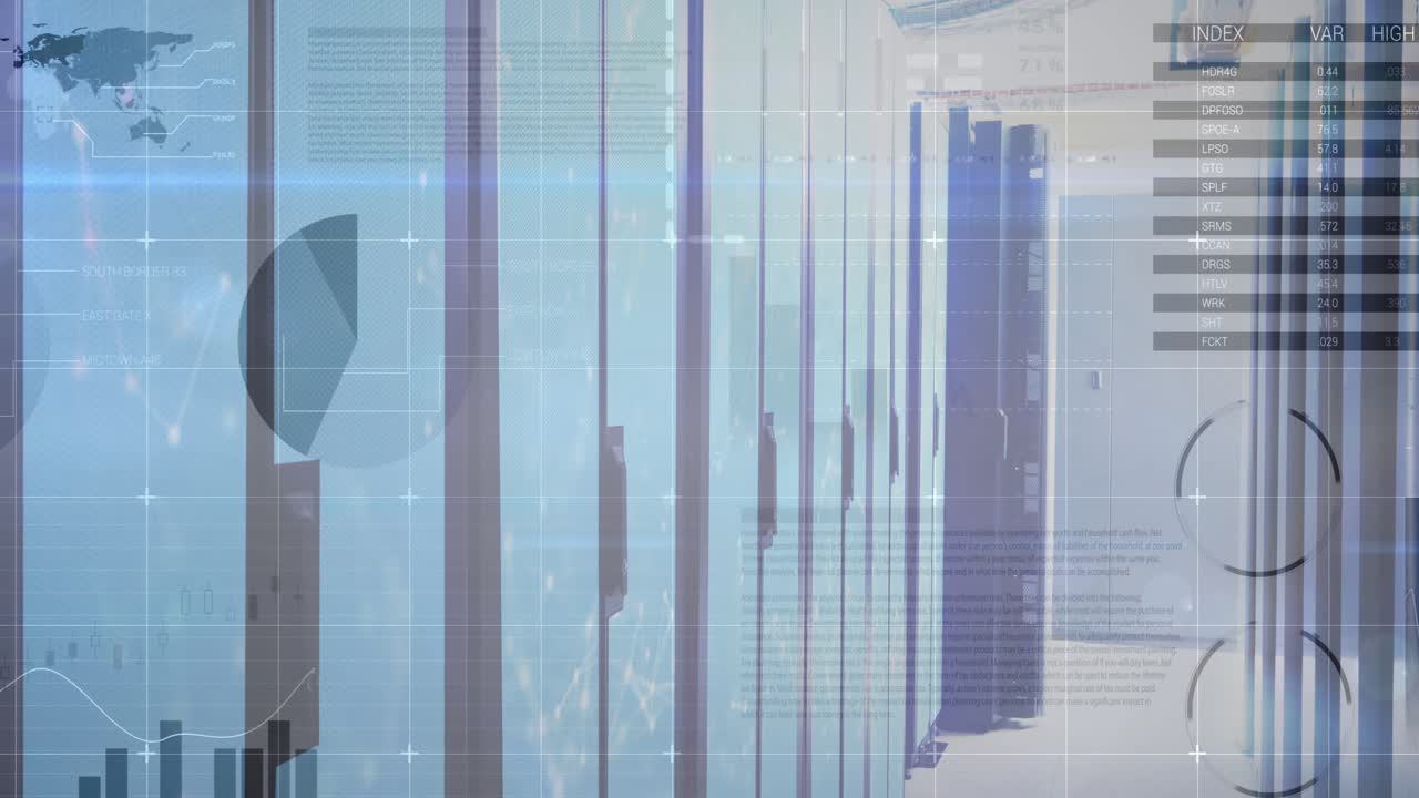 Data feed initiating overlays, server racks staying static, bars rising, map expanding, monitoring