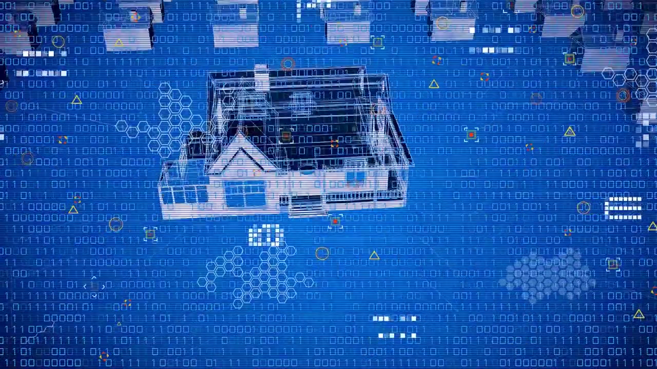 Digital Wireframe Houses and Binary Data Visualization