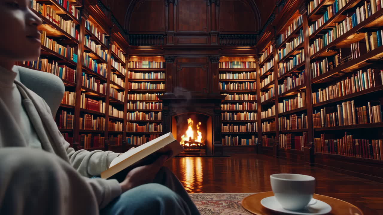 Person Reading in a Luxurious Library
