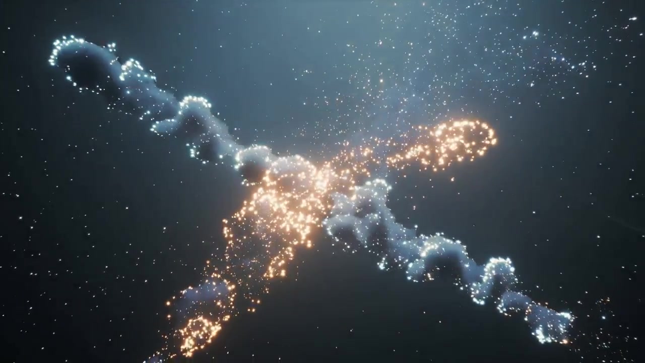 Nuvola luminosa che si schiarisce e si scompone in filamenti in uno studio buio, emettendo punti scintillanti.