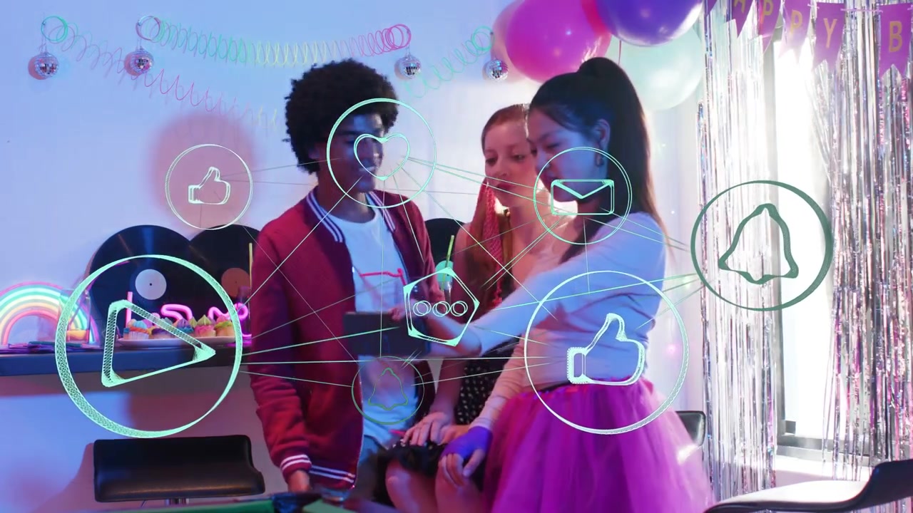 Three guests clustering around phone, tapping and scrolling, causing social media icons floating