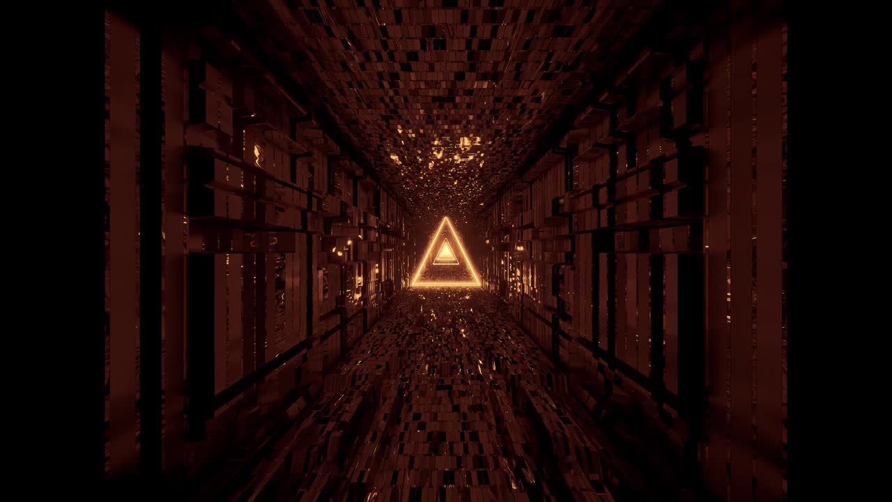 triángulo de marco de alambre brillante con corredor de túnel reflectante técnico ilustración 3d fondo de movimiento papel tapiz en vivo club visuales vj bucles