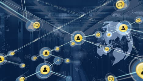 animation of network of connections with icons and data processing over server room