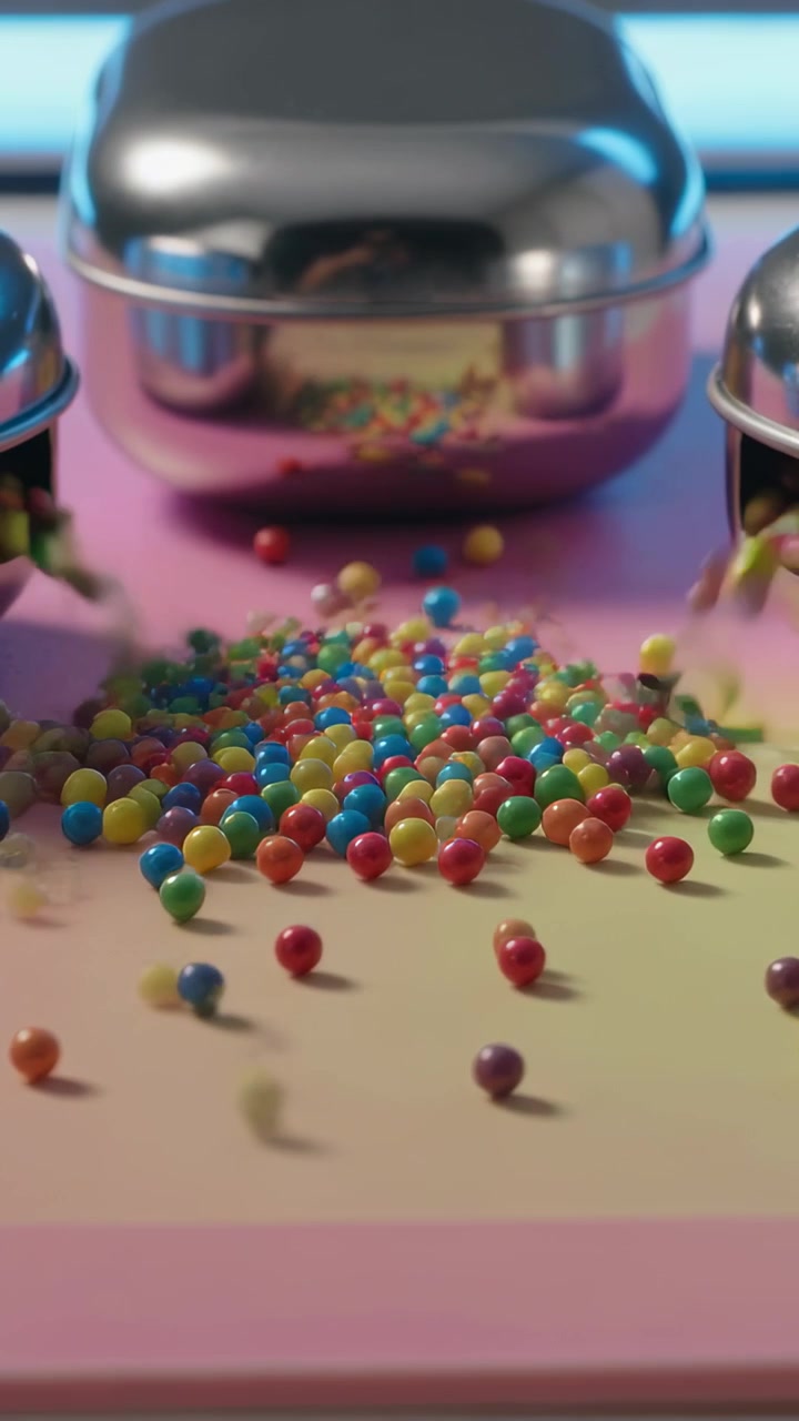 Video verticale: Ciotole che si rovesciano versando perline di caramelle su un tappetino rosa, formando un mucchio vicino a una scatola di metallo.