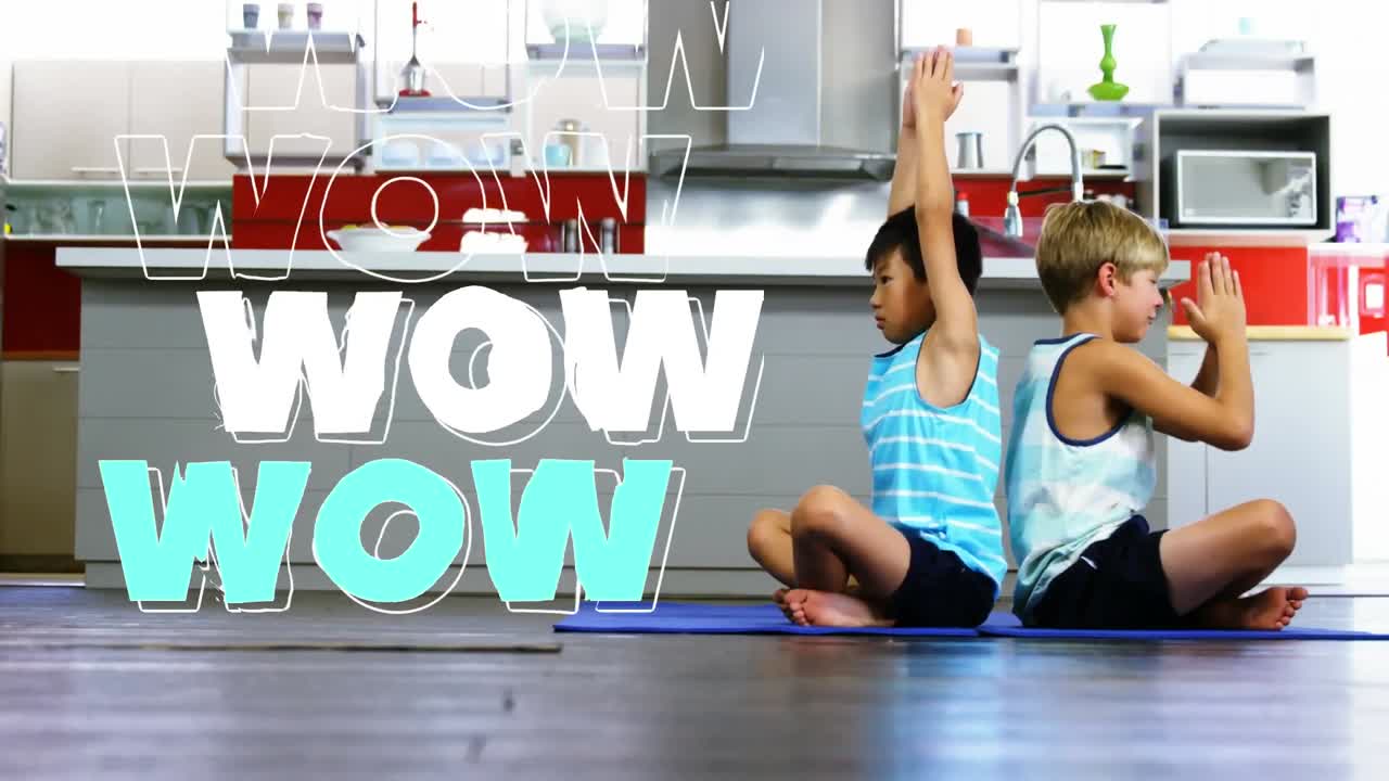 animación de texto wow en repetición en contorno, blanco y azul sobre niños practicando yoga