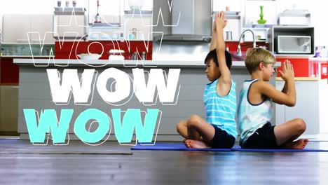 Animation-of-wow-text-in-repetition-in-outline,-white-and-blue-over-boys-practicing-yoga