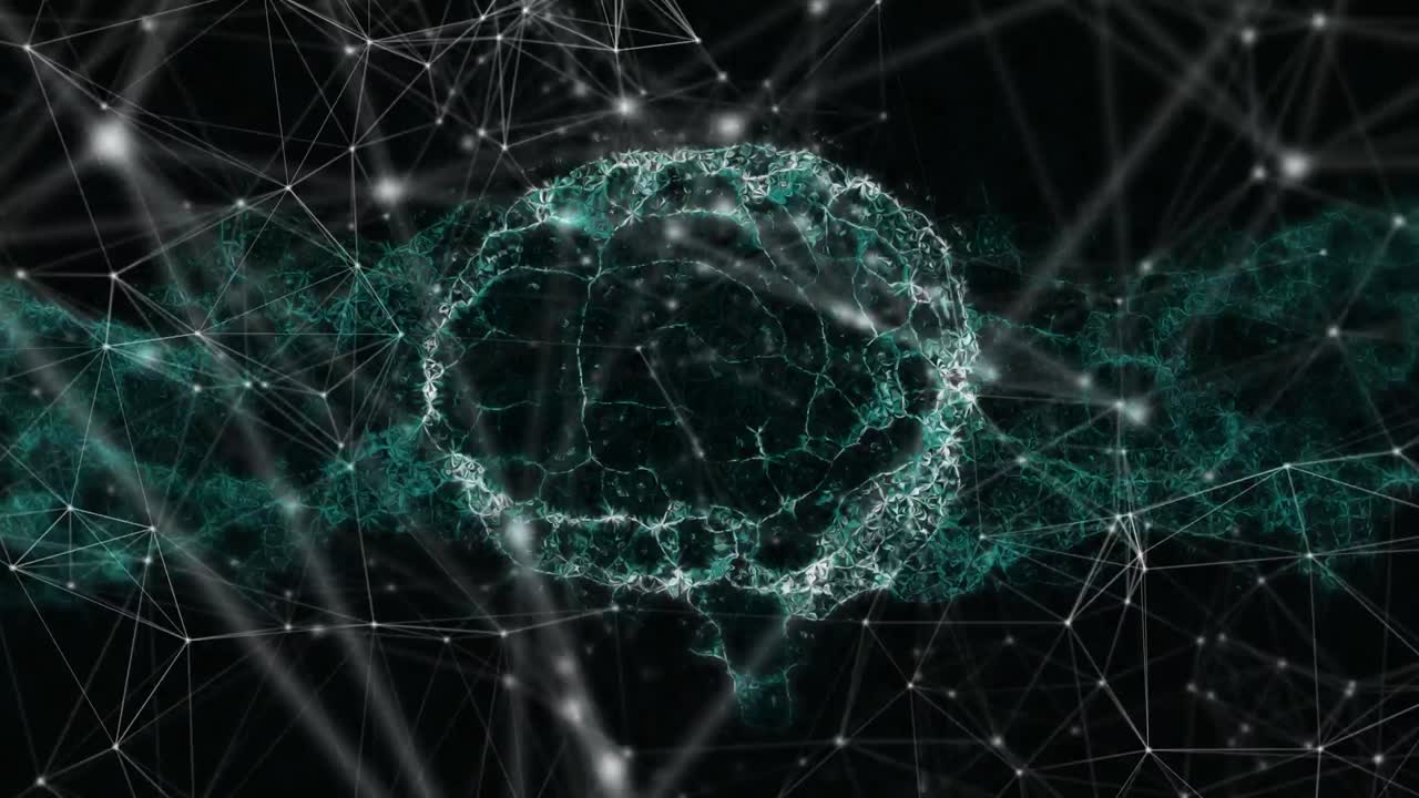 Animation of network of connections and digital brain over black background