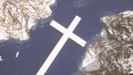 a large stone cross lying on the sea between large steep cliffs, with seagulls flying above it, and snow falling, 3d animation with camera dolly upward