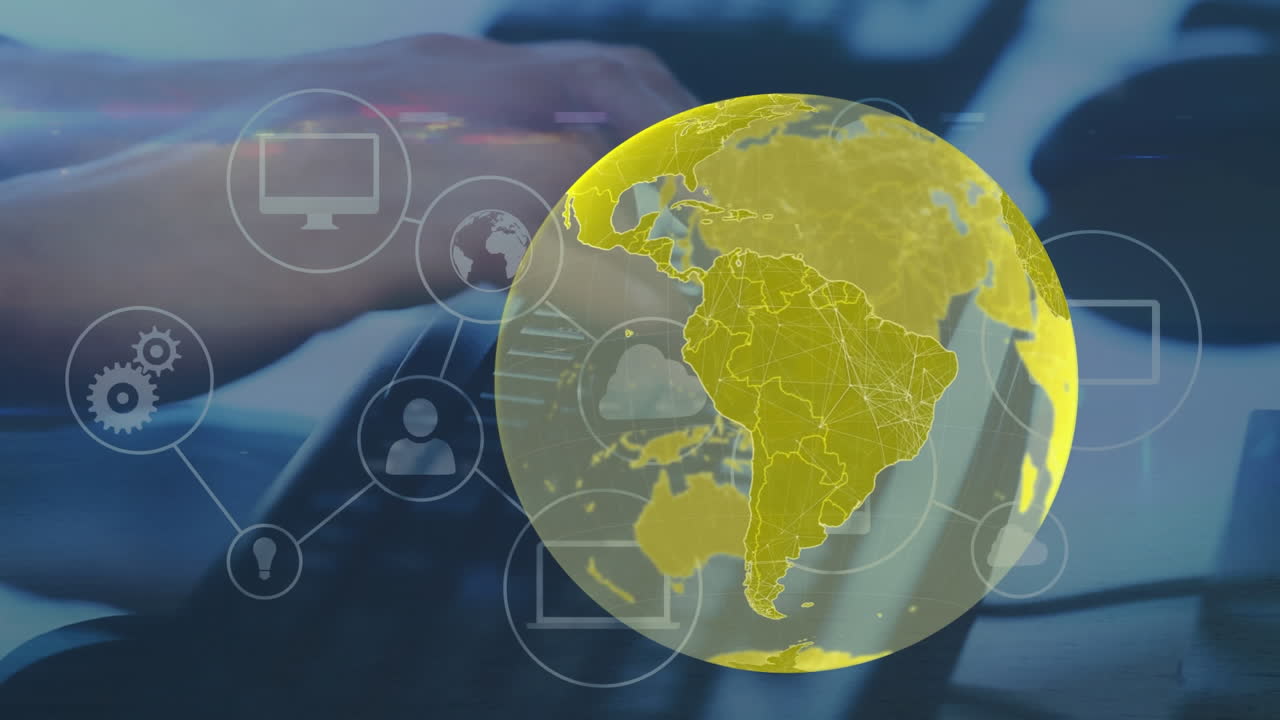 animación del globo y la red de conexiones a través de las manos escribiendo en el teclado