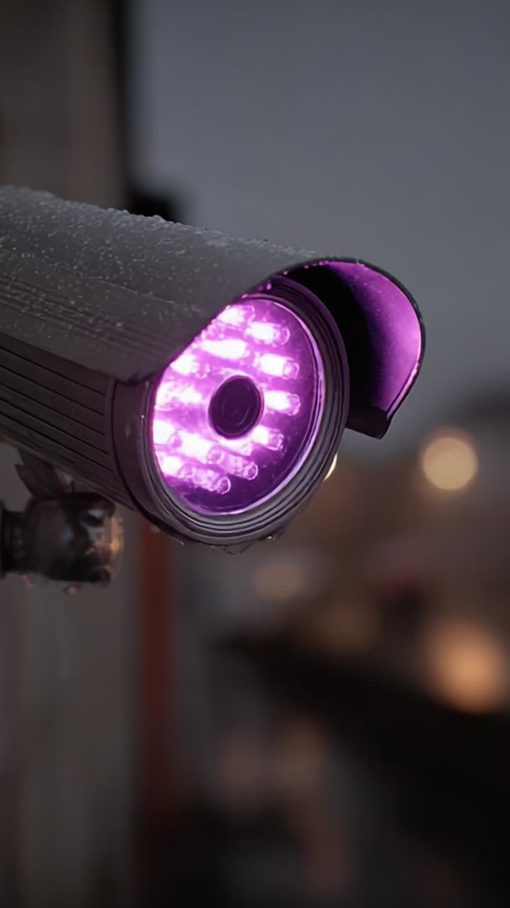 Close-Up of a Rain-Drenched Security Camera with Vibrant Purple LED Lighting, Complementing the Soft Background Bokeh Effect and Capturing the Evening Atmosphere