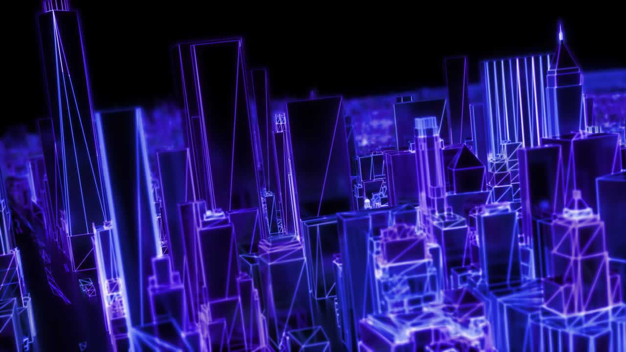 시티 네온 반이는 도프 모델 뉴욕 뉴욕 플라이오버 와이어 프레임 스카이스크래퍼 80년대 4k