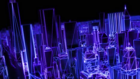 ciudad de neón brillante dof modelo de nueva york nyc flyover wireframe rascacielos de los años 80 4k