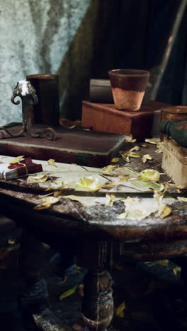 close-up of an old wooden table with rustic decor