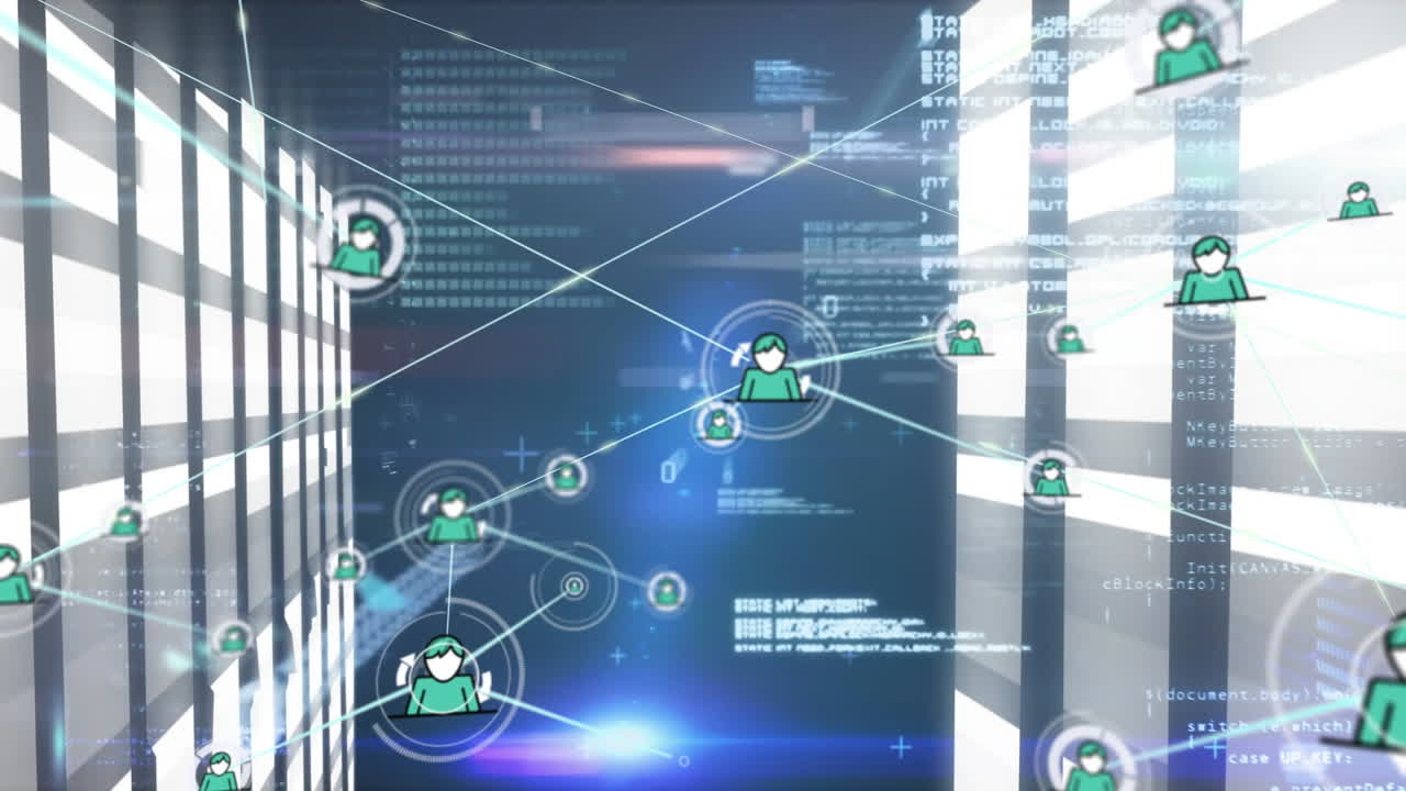Animation of network of connections with icons over computer servers ...