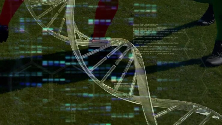 Animation of data processing and dna strand over diverse male soccer players playing at stadium