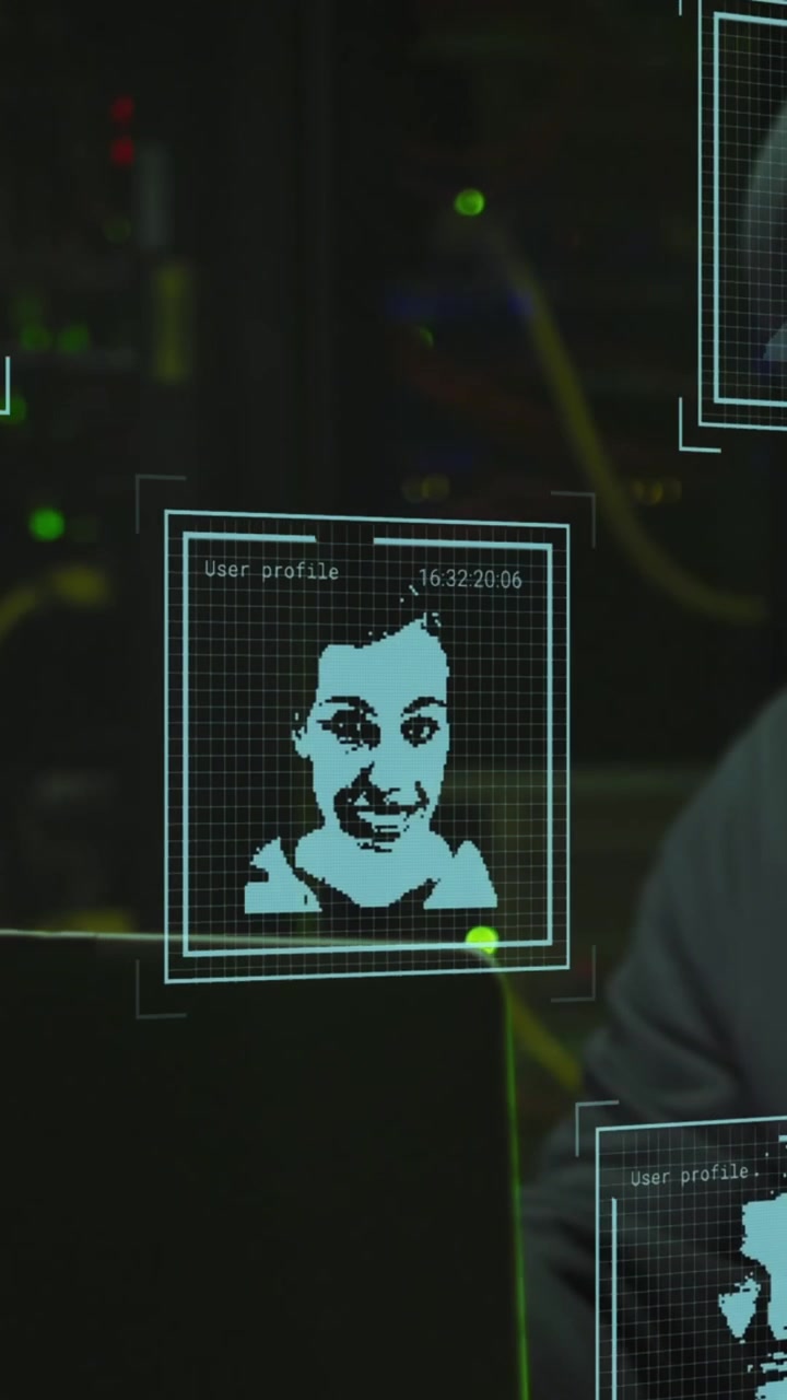 Animation of use photos over african american man working on laptop