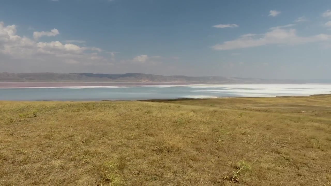 Panoramic View of a Salt Lake and Grassy Landscape