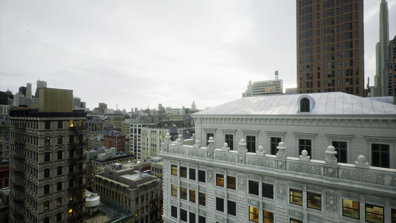 Urban skyline view at dusk with modern and historic architecture