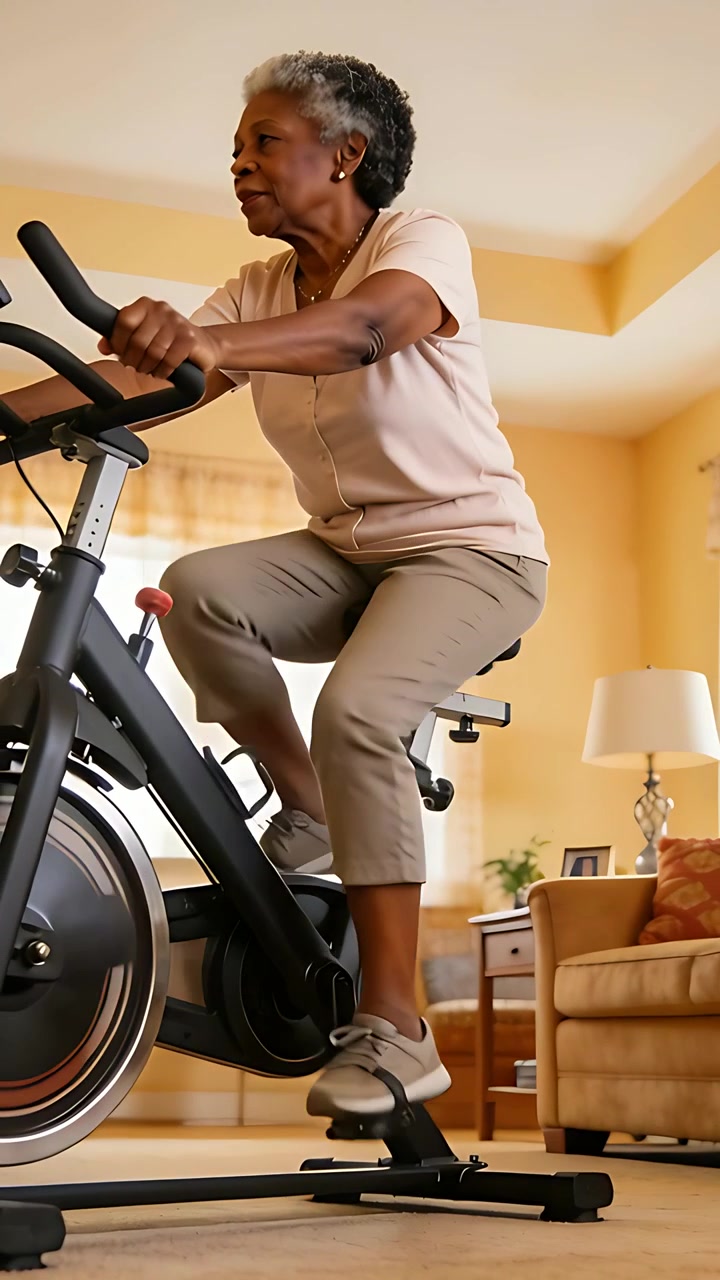 Video verticale: Donna anziana che pedala, che indossa un top rosa, che inizia l'allenamento per la salute a casa sulla cyclette