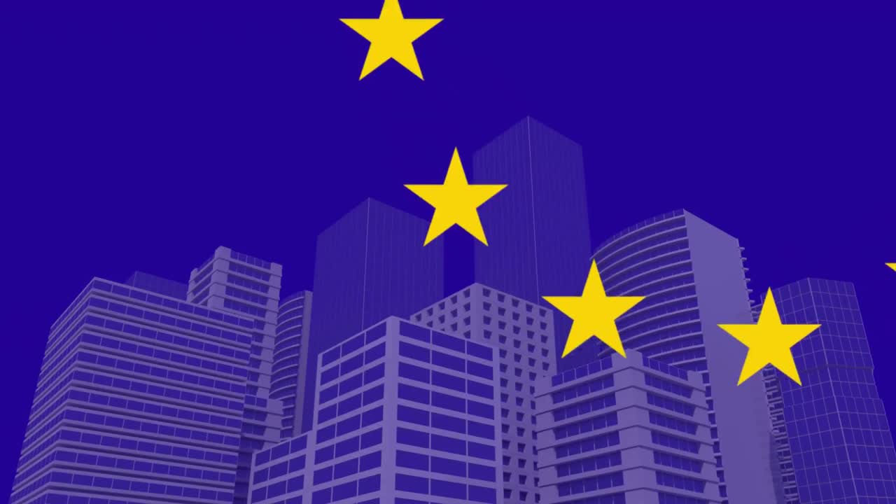 도시 풍경 에 회전 하는 노란색 별 들