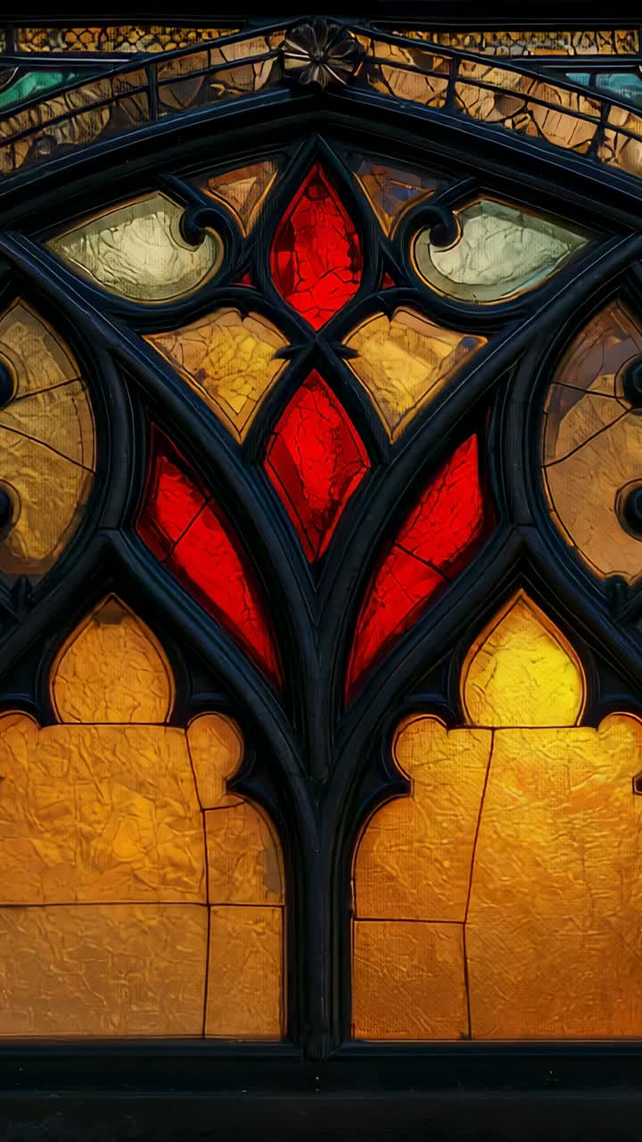 Vertical video: Tightening camera revealing arched glass at church, showing amber red lead tracery
