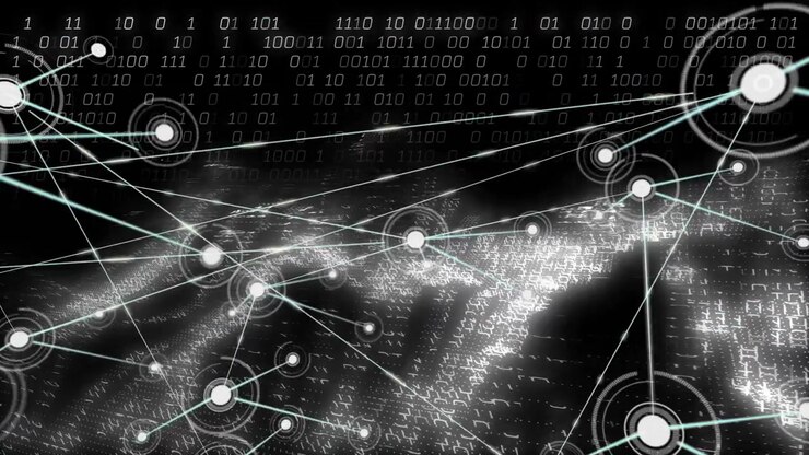 Pulsing center node emerging on dark digital plane sparking network links and visualizing data flow