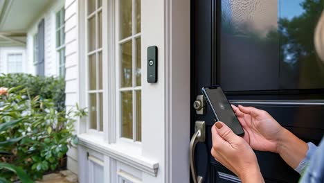 person using smartphone near a doorbell