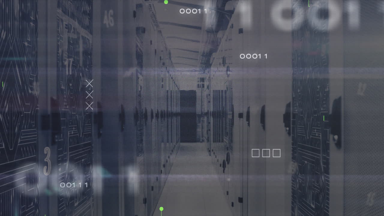 Animazione del simbolo "x" con codici binari su motivo a circuito stampato su rack di server