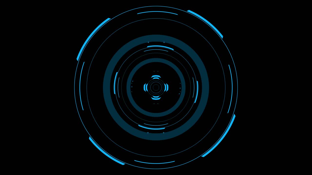 Intricate heads-up display with glowing blue concentric circles and data markers. Seamless loop for sci-fi, technology, or data visualization. Isolated on black background for overlay use