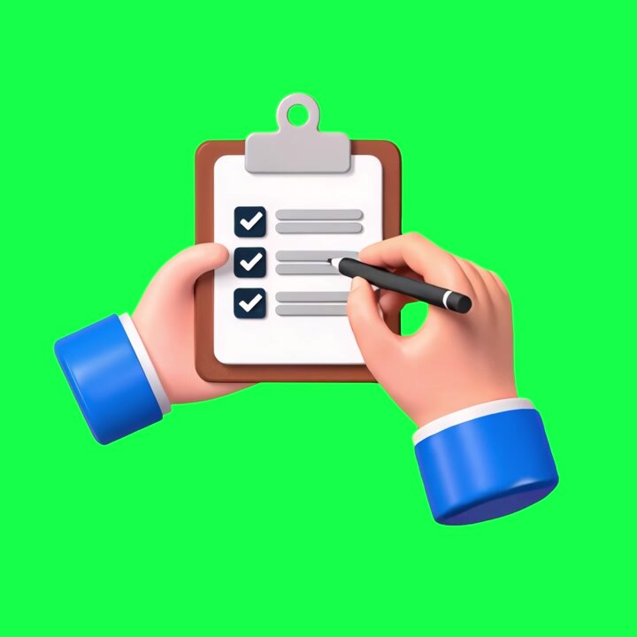 3D Cartoon Hands Checking Items on a Clipboard