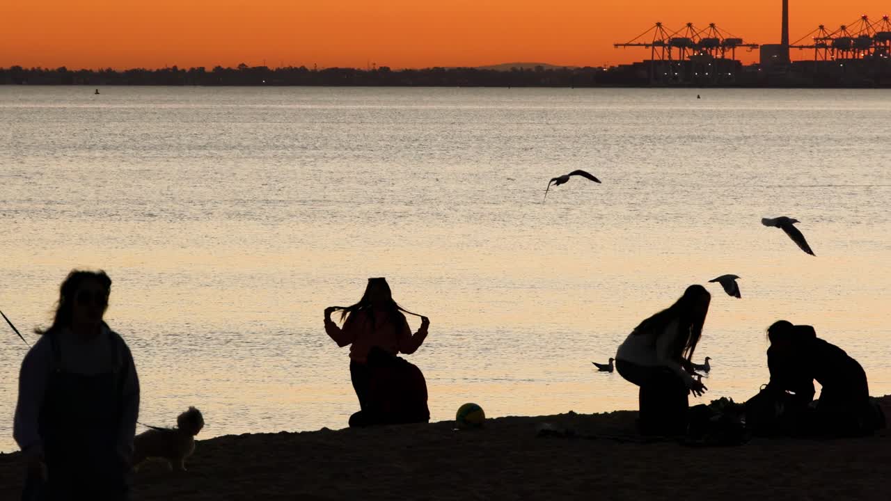 Silhouetted figures and birds create a serene scene against a vibrant orange sunset over calm waters.