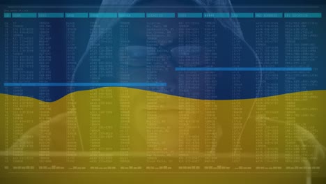 Animation-of-caucasian-male-hacker-and-data-processing-over-flag-of-ukraine