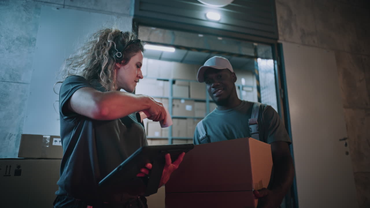 Multiethnic Workers Carrying Cardboard Boxes Female Inventory Manager Scanning Parcels Using Tablet