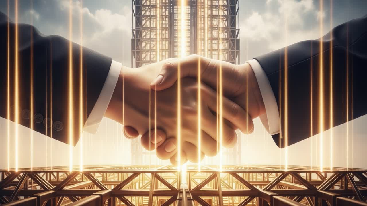 A Vision for Collaboration: Two Hands Engaging in a Symbolic Handshake Amidst an Ambitious Architectural Development Bathed in Rays of Light