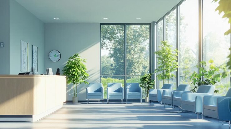 Sala d'attesa moderna con luce naturale, vegetazione e sedie blu