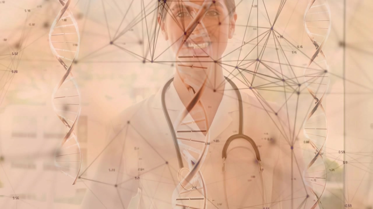 Elica del DNA che ruota creando una rete che rivela un medico con stetoscopio, illustrando la ricerca medica.
