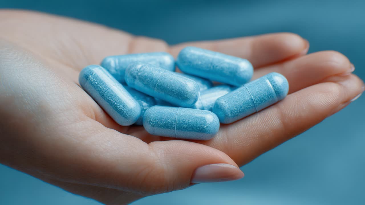 Una mano che tiene numerose capsule blu lucide: simbolo di salute, nutrizione e benessere su uno sfondo blu rilassante