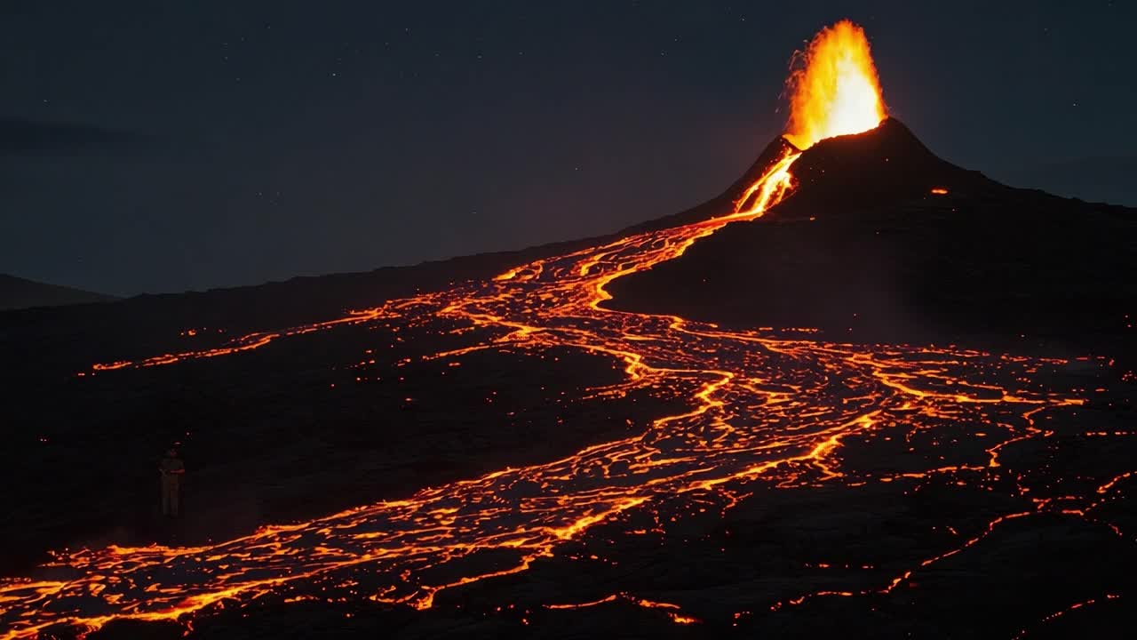 Spectacular Eruption of a Volcano Captured in Two Frames: The Majestic Lava Flow Highlighting Nature's Power and Beauty at Night