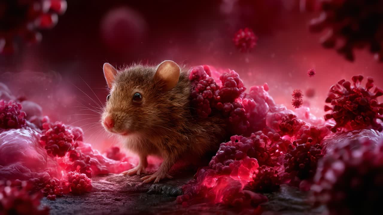 Una visualizzazione dettagliata di un topo circondato da patogeni microscopici, sottolineando la complessa relazione tra fauna selvatica e agenti infettivi.