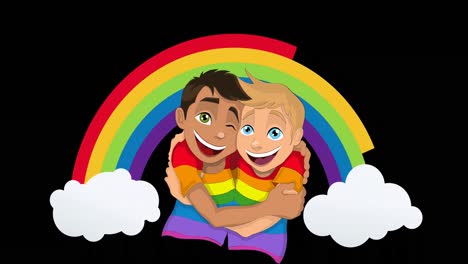 Animation-of-male-gay-couple-in-rainbow-t-shirts-over-rainbow-background