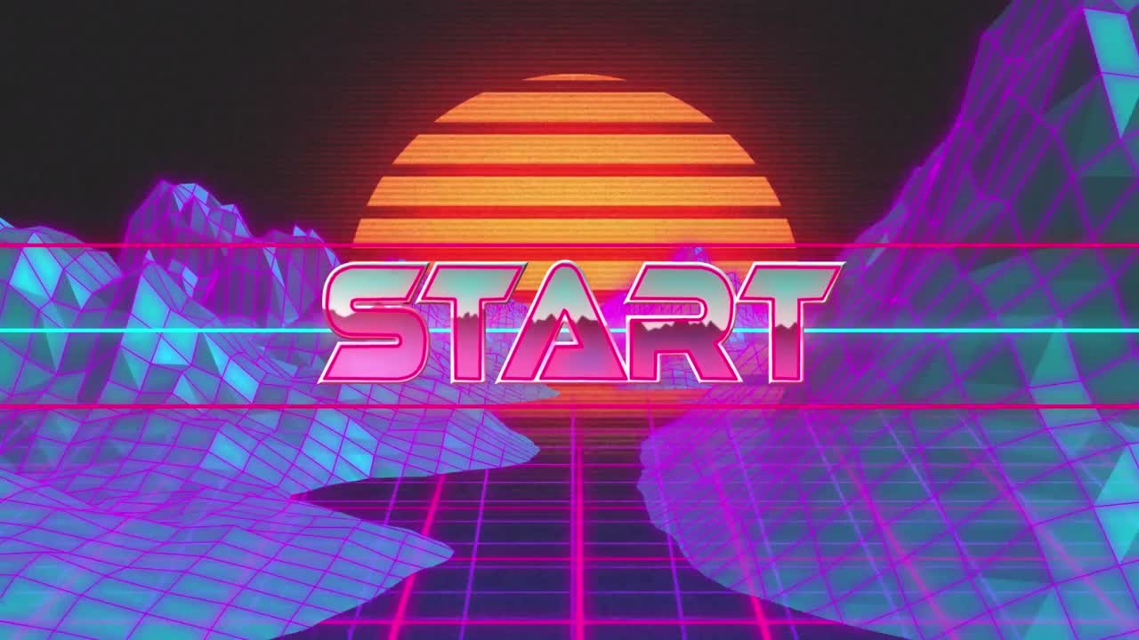 검은 바탕에 3d 산 구조물에 대한 네온 배너 위의 시작 텍스트의 디지털 애니메이션