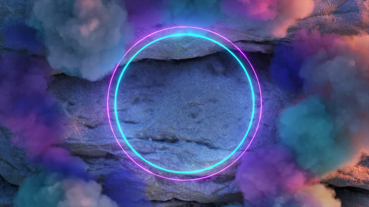 marco de círculo de neón en fondo rocoso con humo