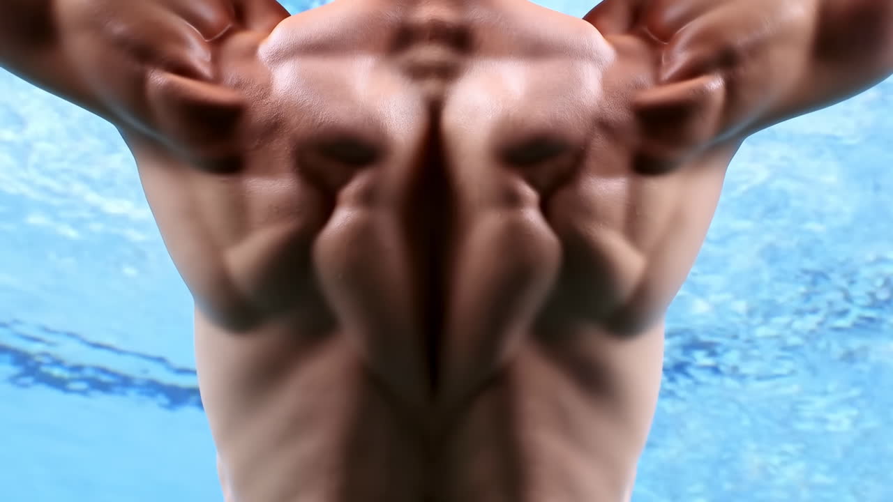 Costas Masculinas Musculosas Junto à Piscina, Nadador Profissional Exibindo Músculos Durante Treinamento de Natação, Dorsais e Trapézios Definidos