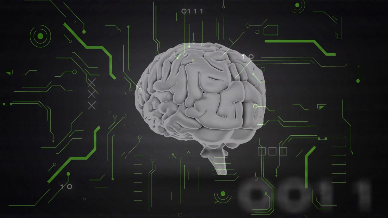 Binary pulse activating, 3D brain model rotating with green HUD scanning and mapping circuitry