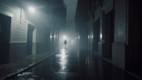 mysterious night walk in a foggy alley