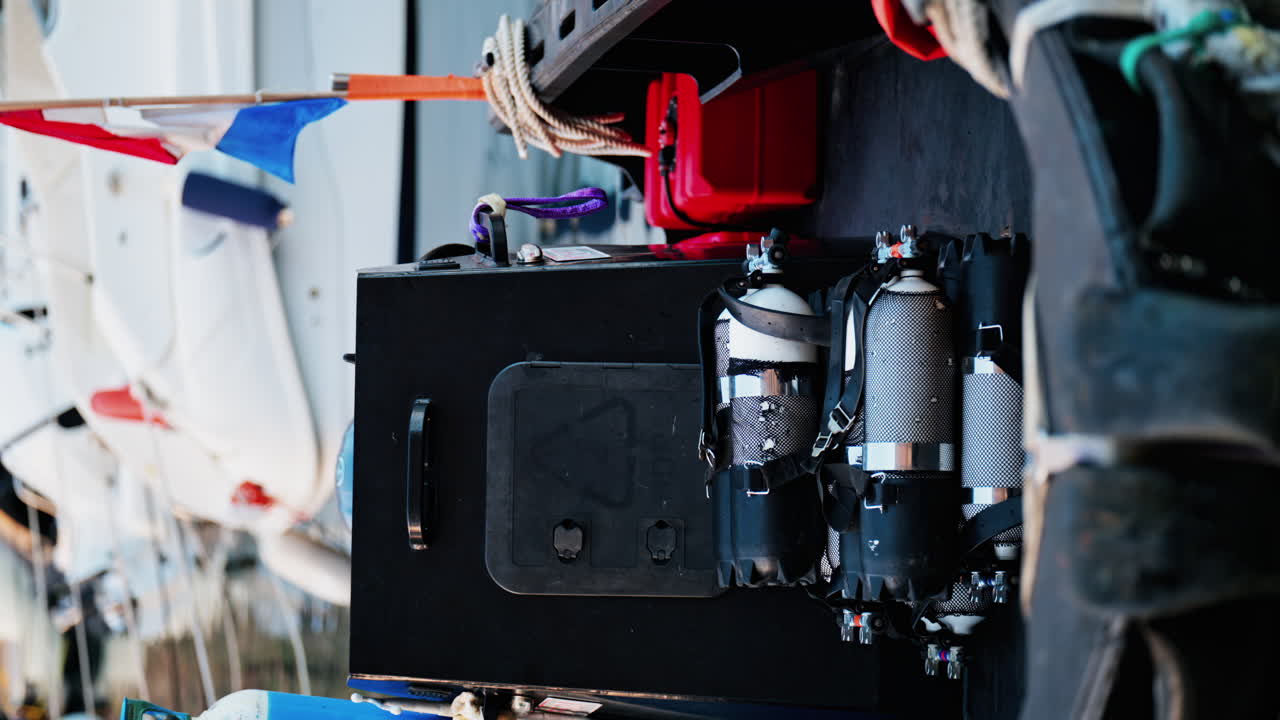 Close up of multiple blue and gray air tanks on a boat. Vertical