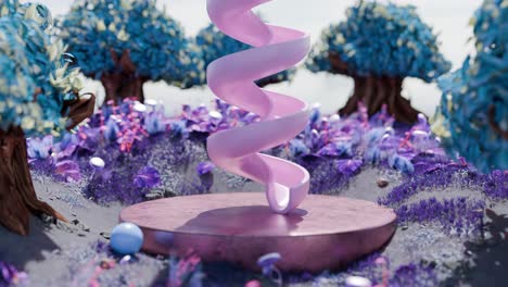una diapositiva en espiral de color rosa pastel en un paisaje de fantasía