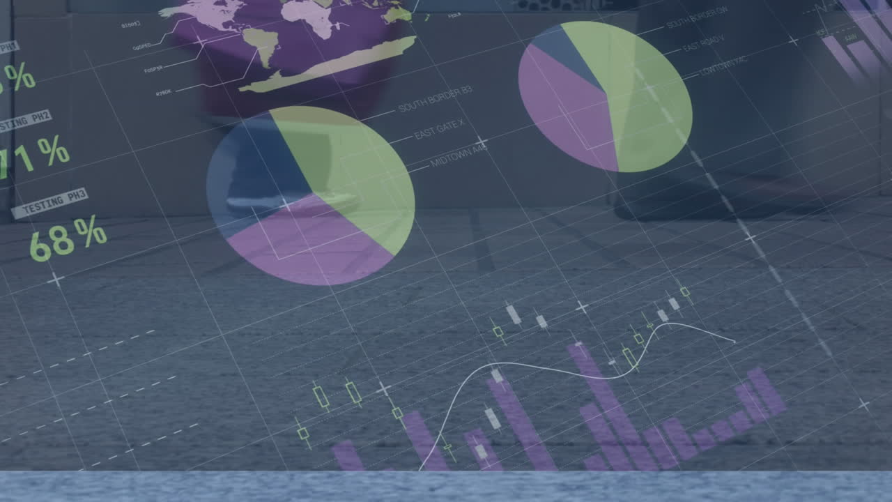 animación del procesamiento de datos financieros sobre diversas personas que caminan por la calle