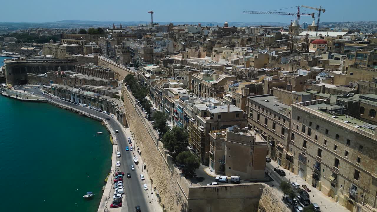 Aerial view approaching Valletta city centre from Quarry Wharf, Malta