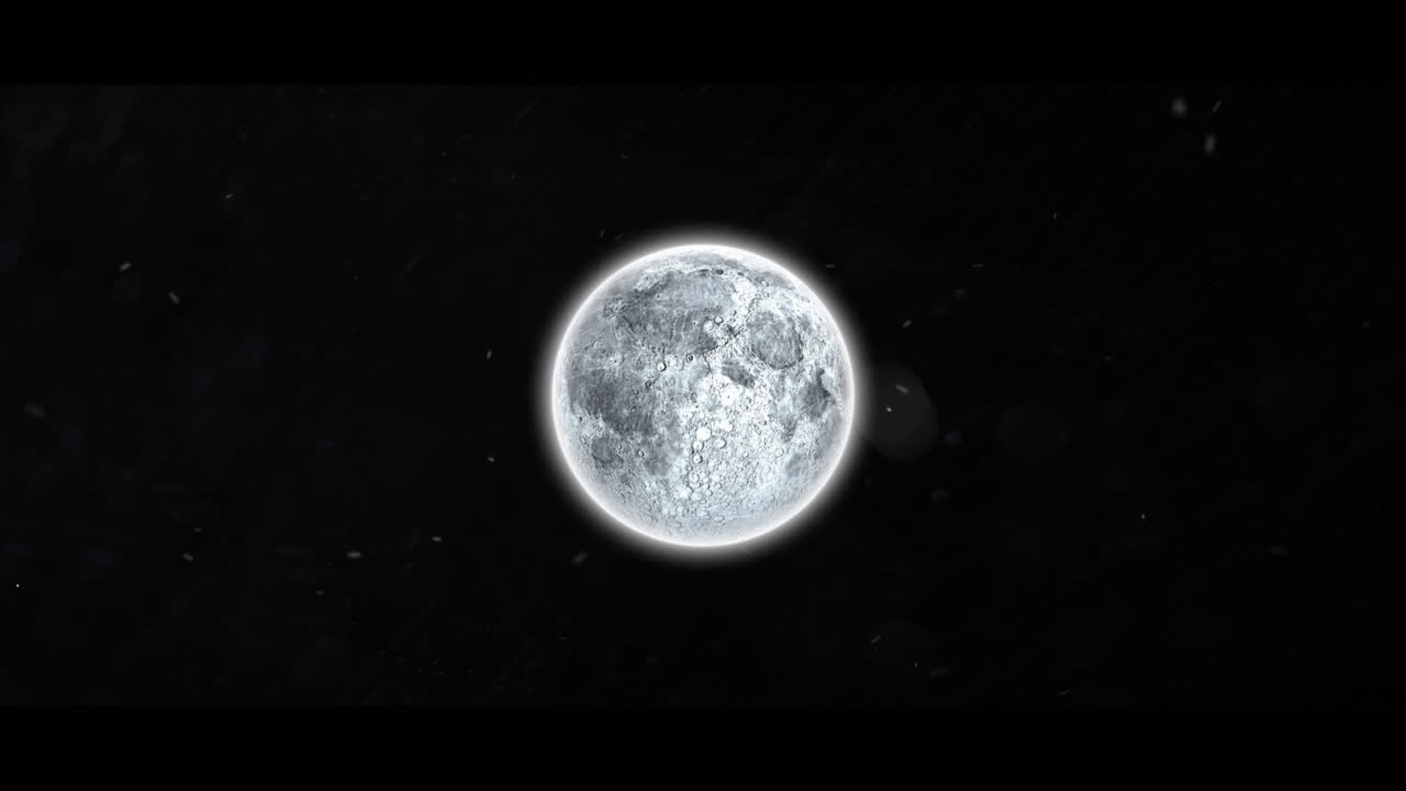 animación digital de partículas blancas flotando y trueno de relámpagos contra la luna sobre fondo negro